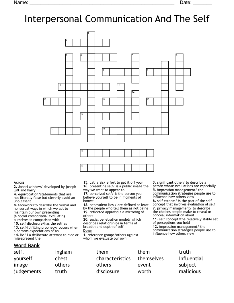 Interpersonal Communication And The Self Crossword