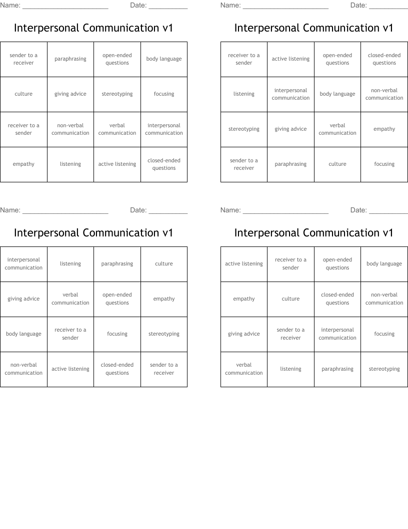 Interpersonal Communication v1 Bingo Cards