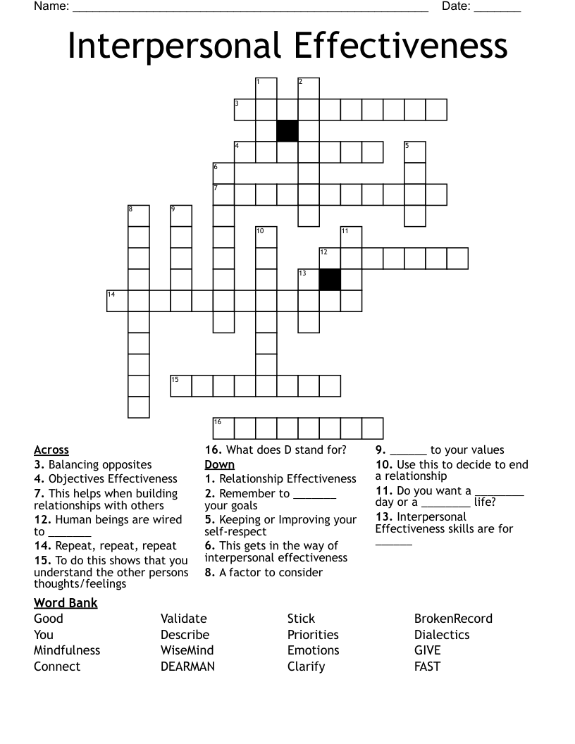 Interpersonal Effectiveness Crossword