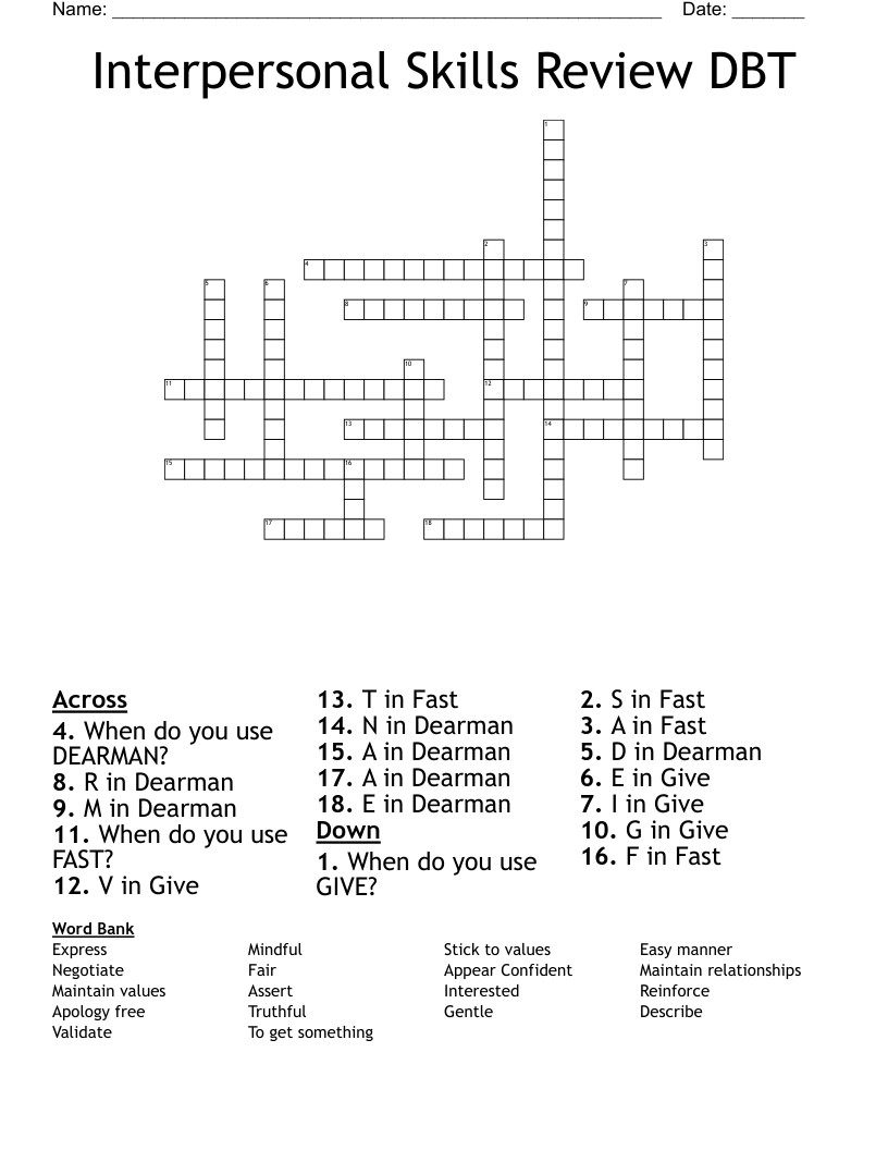 Interpersonal Skills Review DBT Crossword