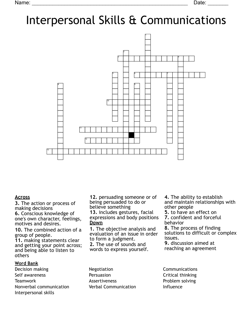 Interpersonal Skills & Communications Crossword