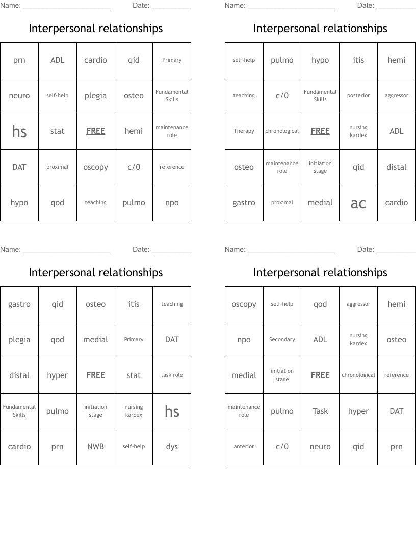Interpersonal relationships  Bingo Cards