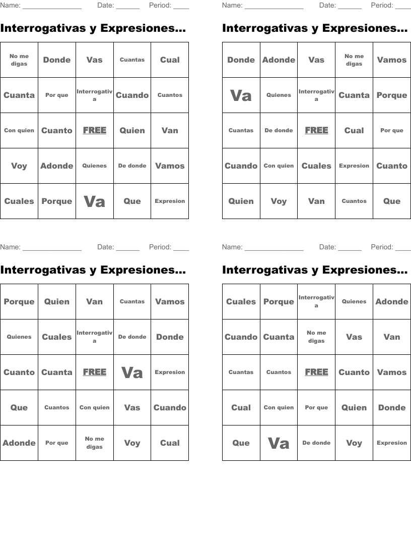Interrogativas y Expresiones- By David Reeves Bingo Cards