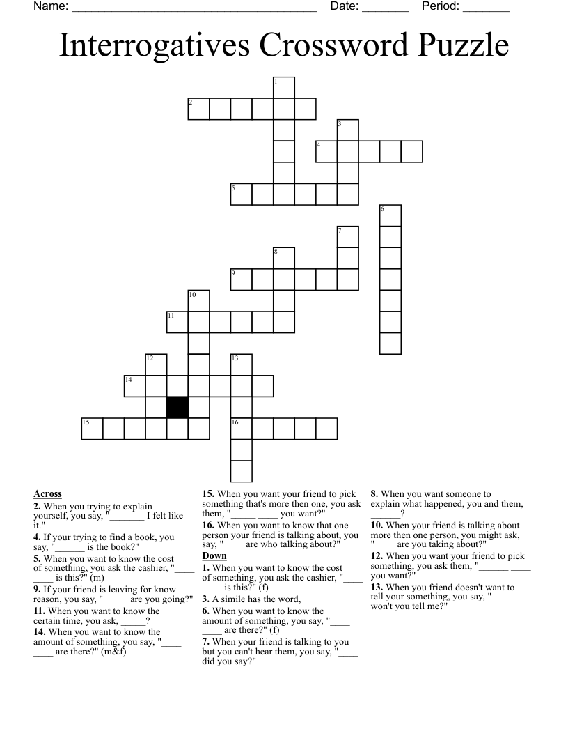 Interrogatives Crossword Puzzle