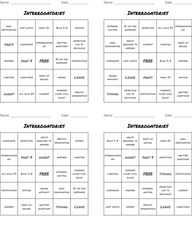 Interrogatories Bingo Cards