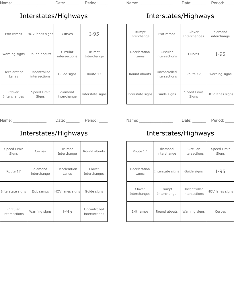 Interstates/Highways Bingo Cards