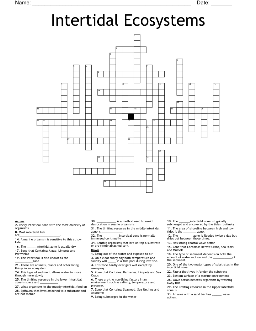 Intertidal Ecosystems Crossword