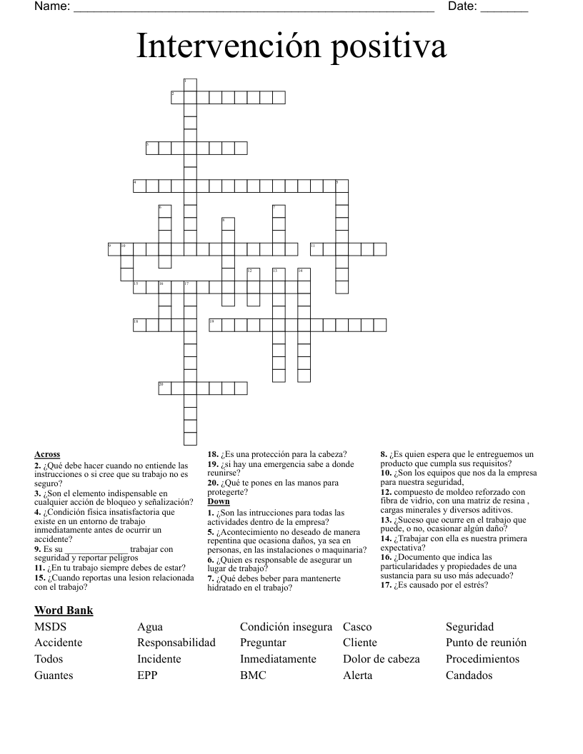 Intervención positiva Crossword