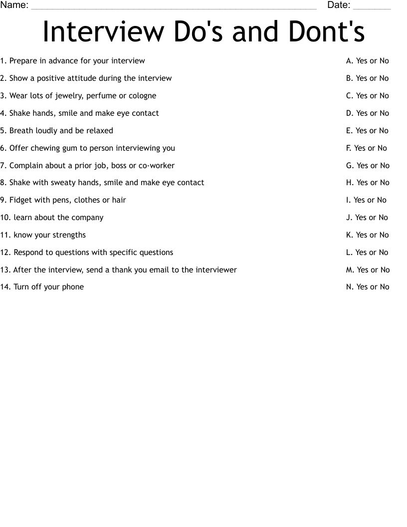 Interview Do's and Dont's  Worksheet