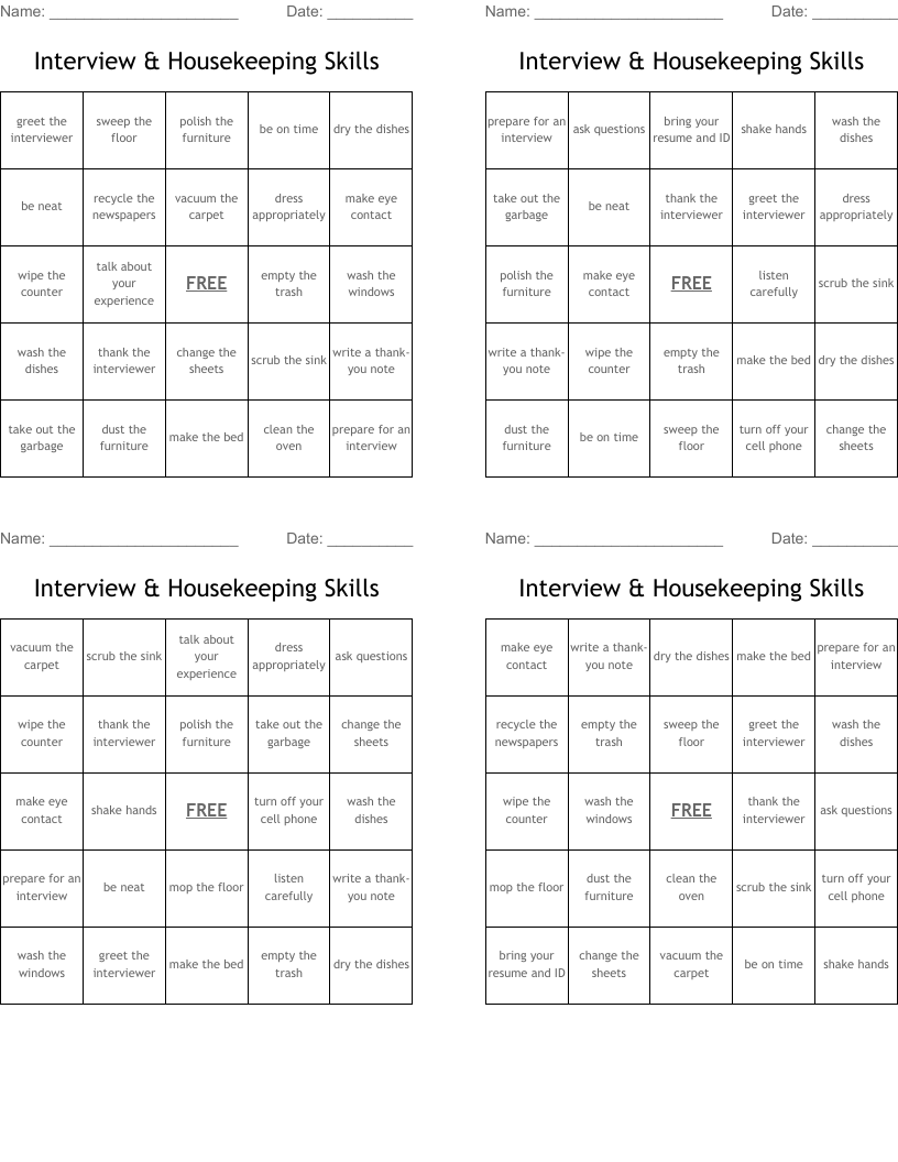 Interview & Housekeeping Skills Bingo Cards