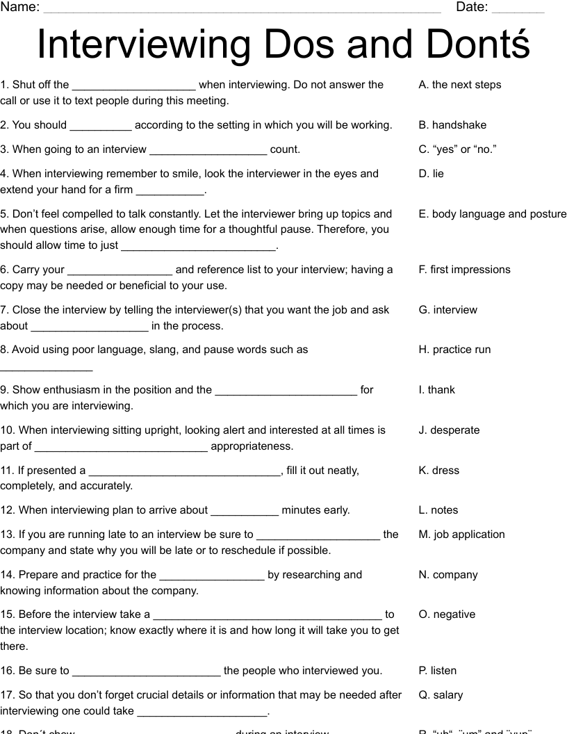 Interviewing Dos and Dontś Worksheet