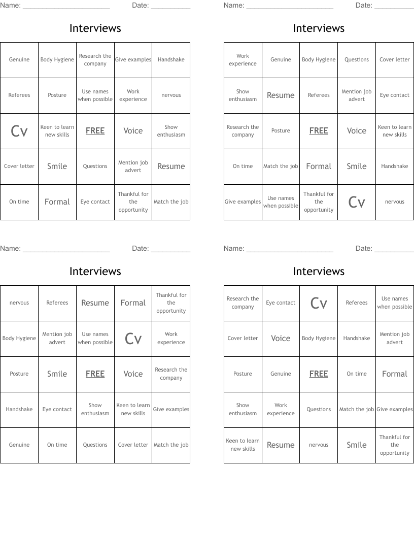 Interviews Bingo Cards