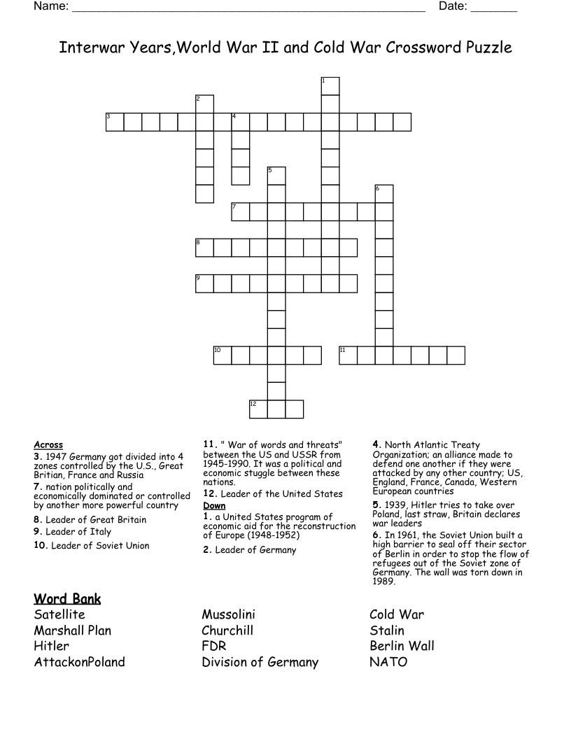 Interwar Years,World War II and Cold War Crossword Puzzle