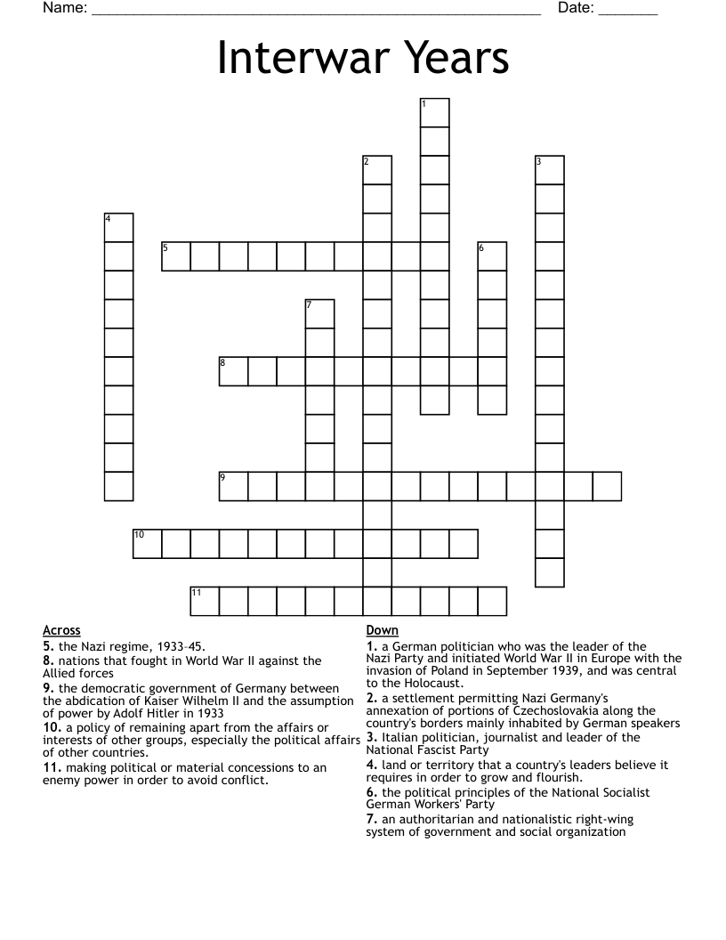 Interwar Years Crossword