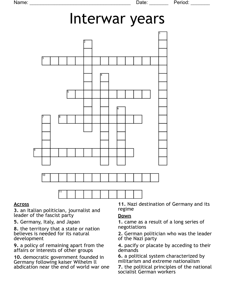 Interwar years Crossword