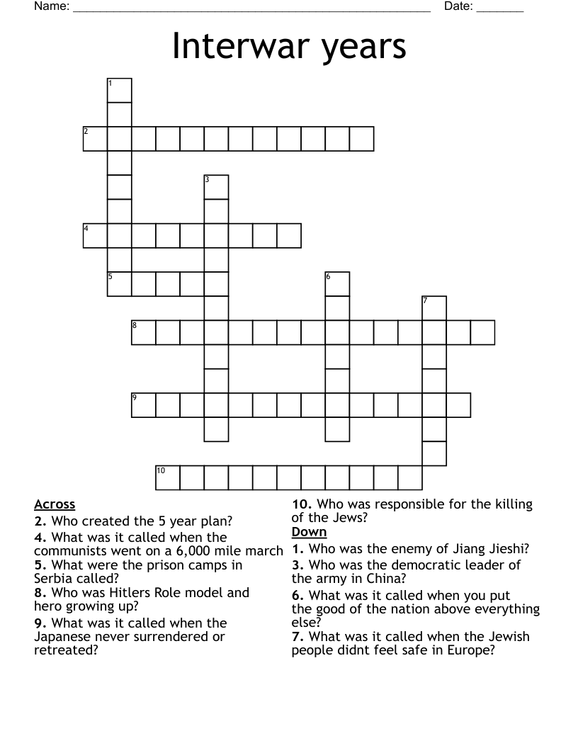 Interwar years Crossword