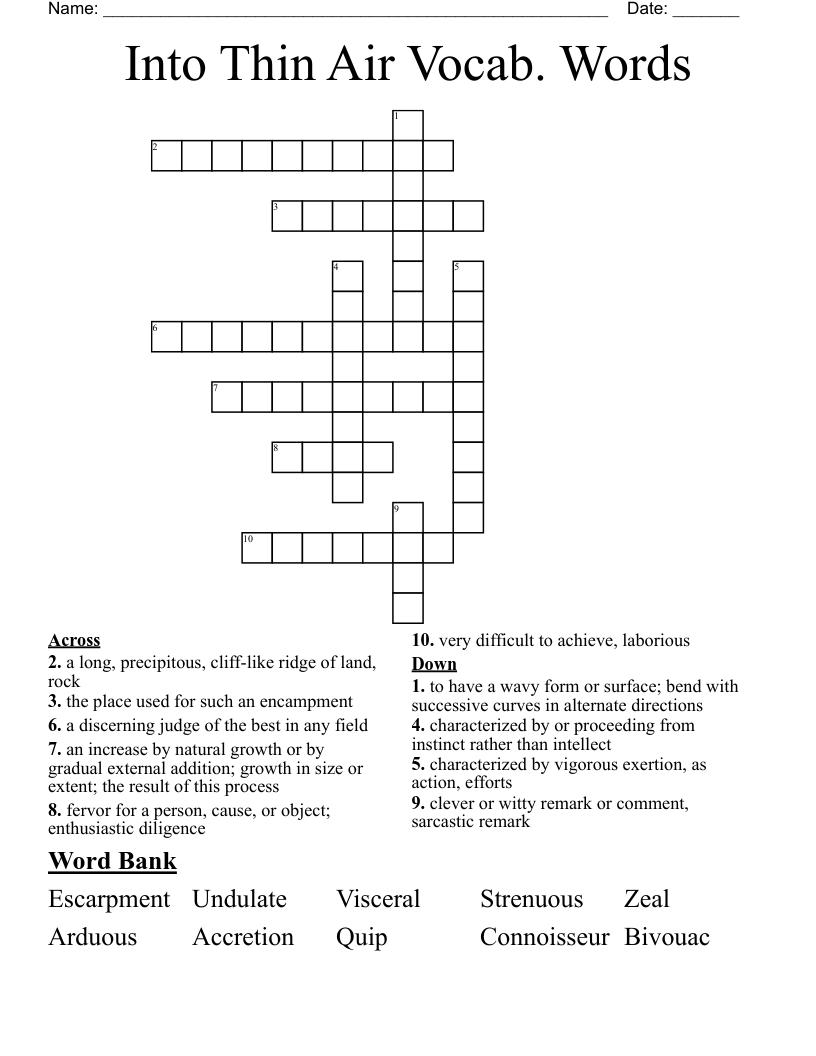 Into Thin Air Vocab. Words Crossword