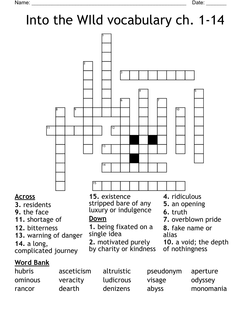 Into the WIld vocabulary ch. 1-14 Crossword
