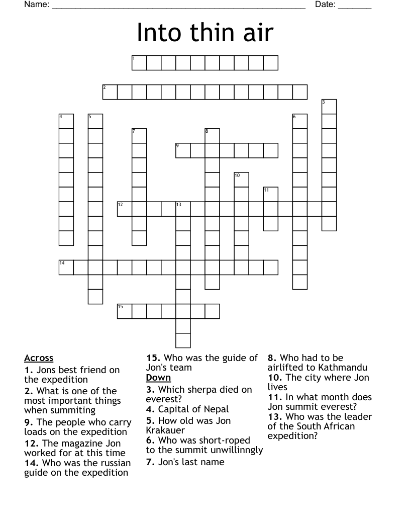 Into thin air  Crossword
