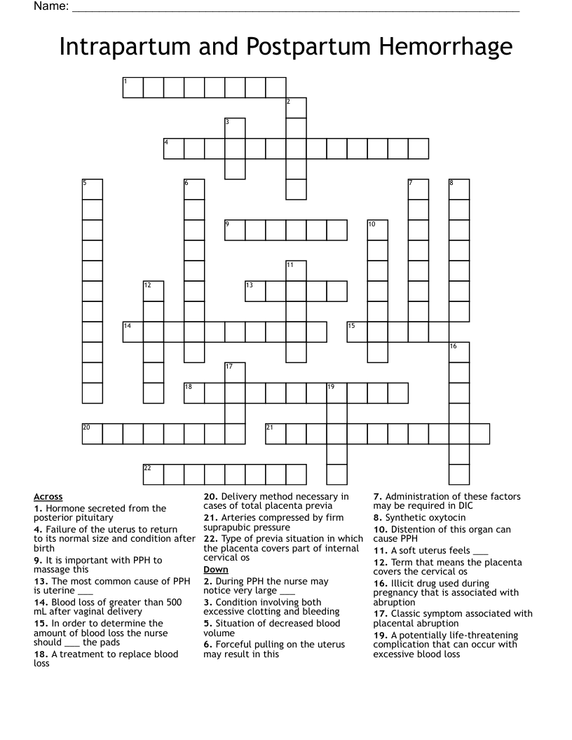 Intrapartum and Postpartum Hemorrhage Crossword