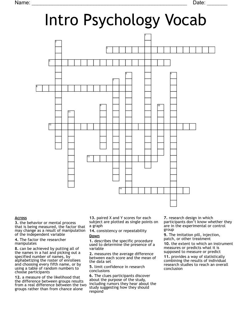 Intro Psychology Vocab Crossword