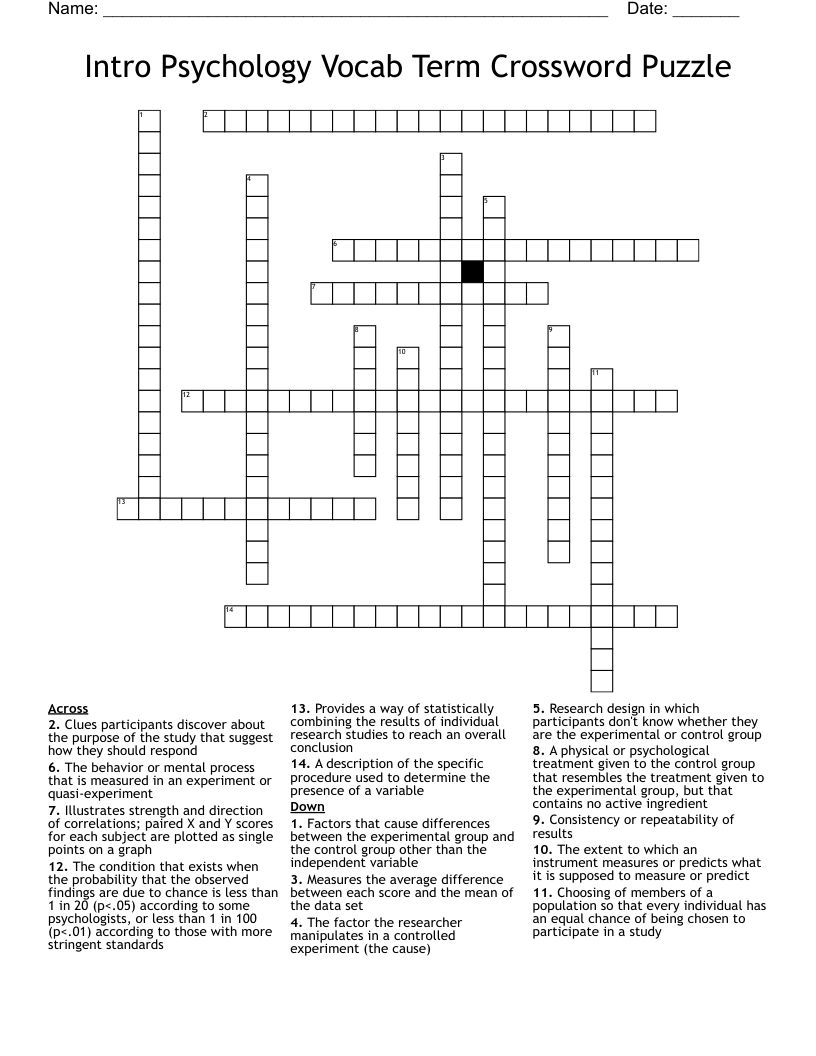 Intro Psychology Vocab Term Crossword Puzzle