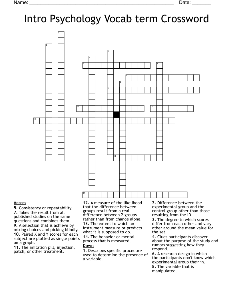 Intro Psychology Vocab term Crossword