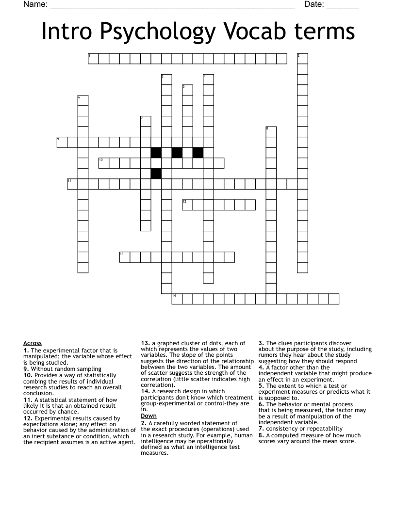 Intro Psychology Vocab terms Crossword