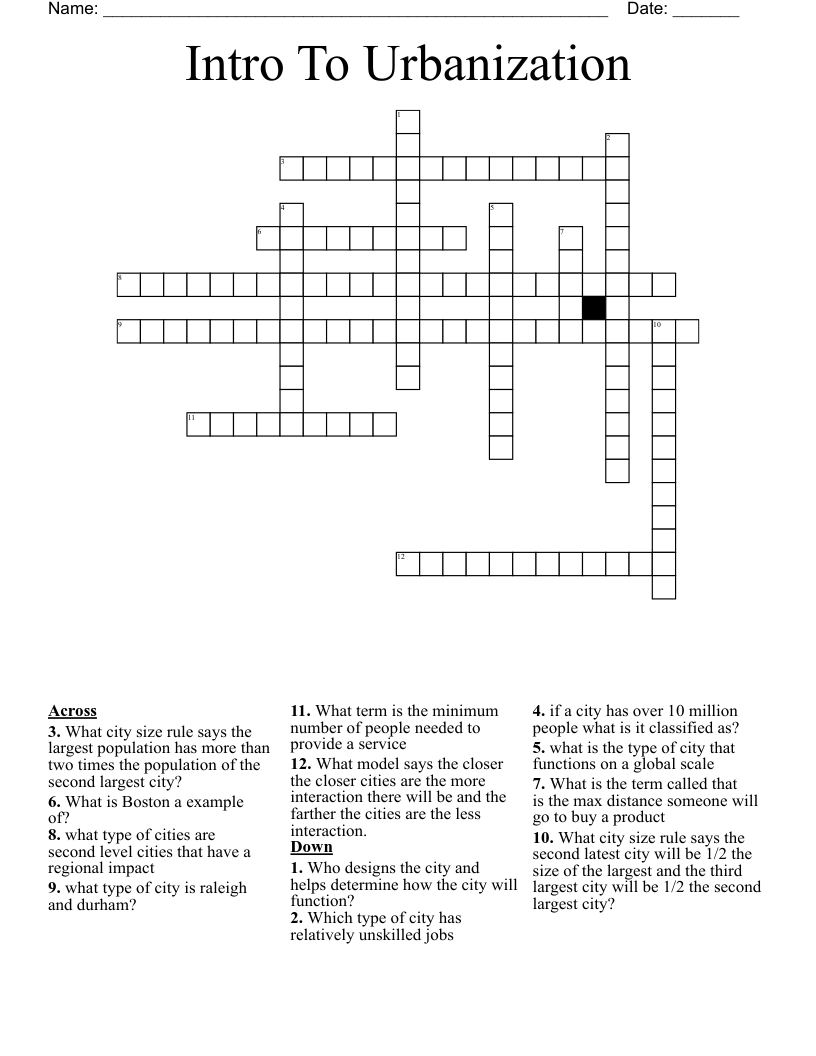 Intro To Urbanization Crossword