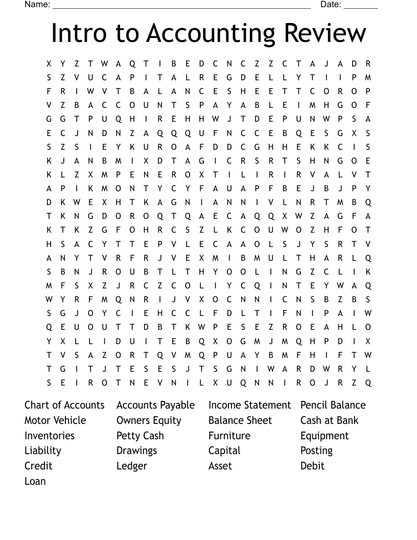 Intro to Accounting Review Word Search