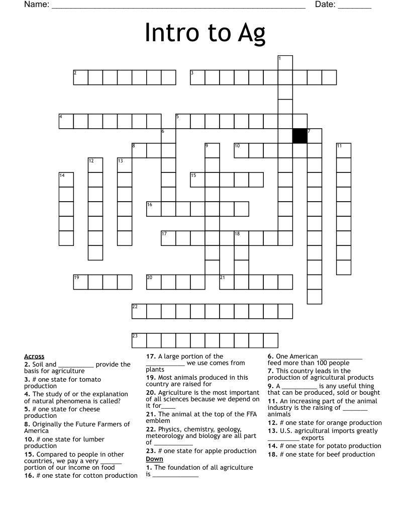 Intro to Ag Crossword