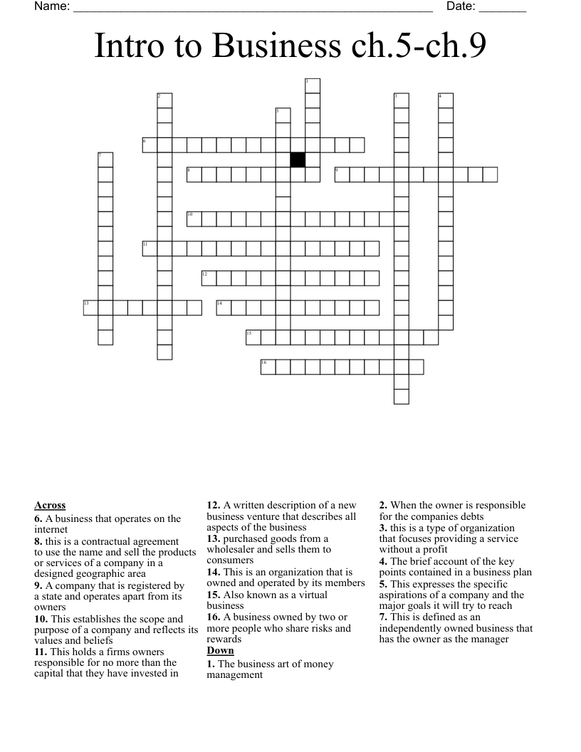 Intro to Business  ch.5-ch.9  Crossword