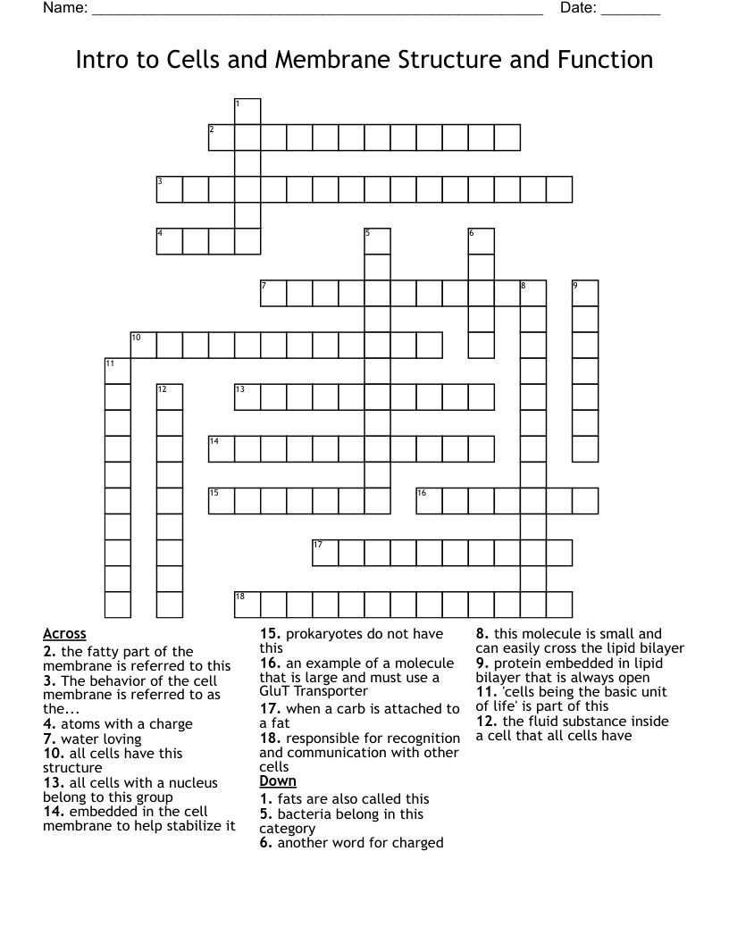 Intro to Cells and Membrane Structure and Function Crossword