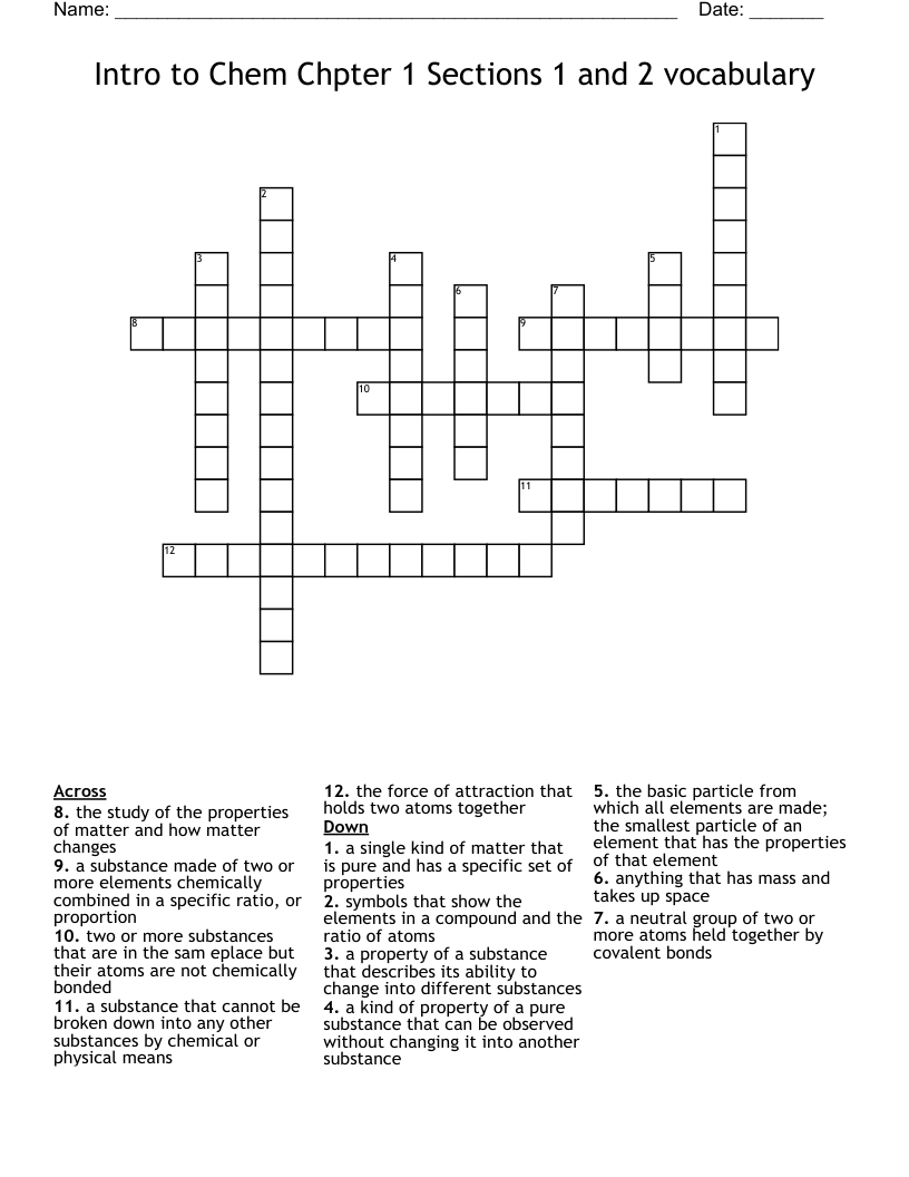 Intro to Chem Chpter 1 Sections 1 and 2 vocabulary Crossword