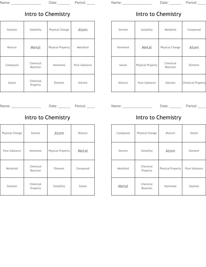 Intro to Chemistry  Bingo Cards