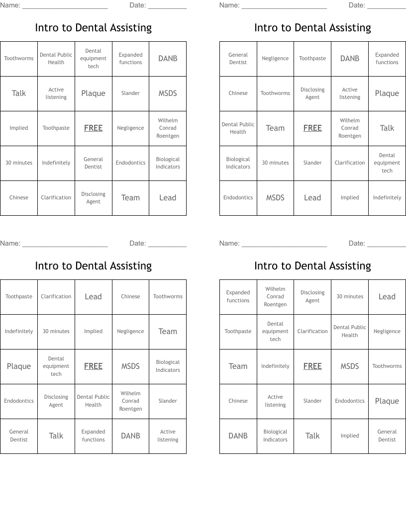 Intro to Dental Assisting Bingo Cards