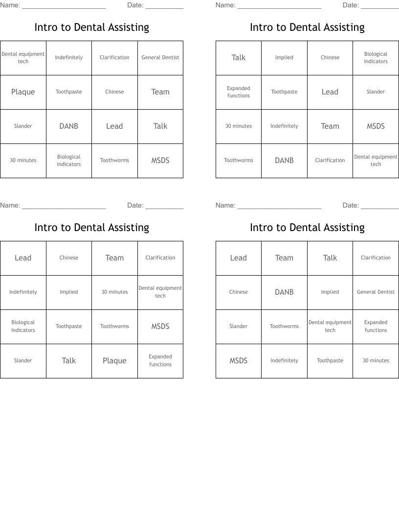 Intro to Dental Assisting Bingo Cards