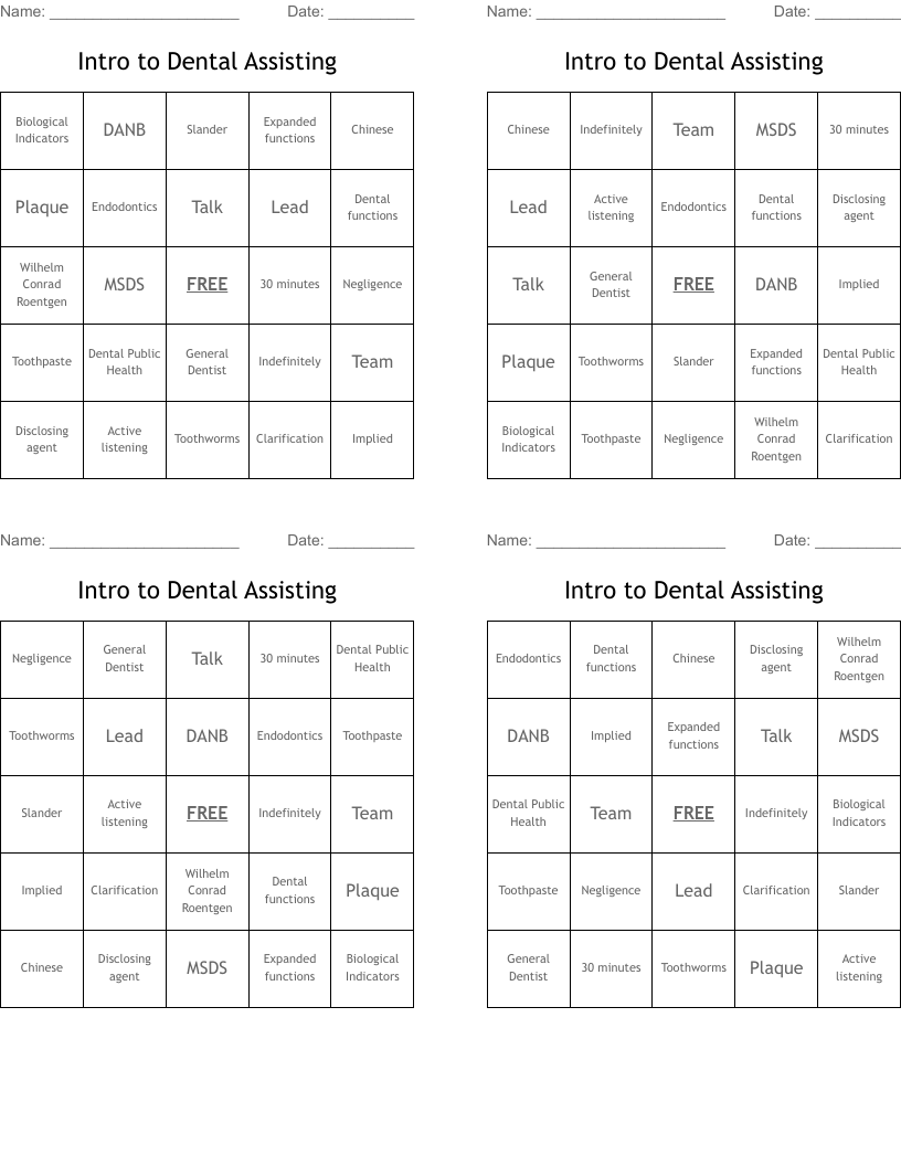 Intro to Dental Assisting Bingo Cards