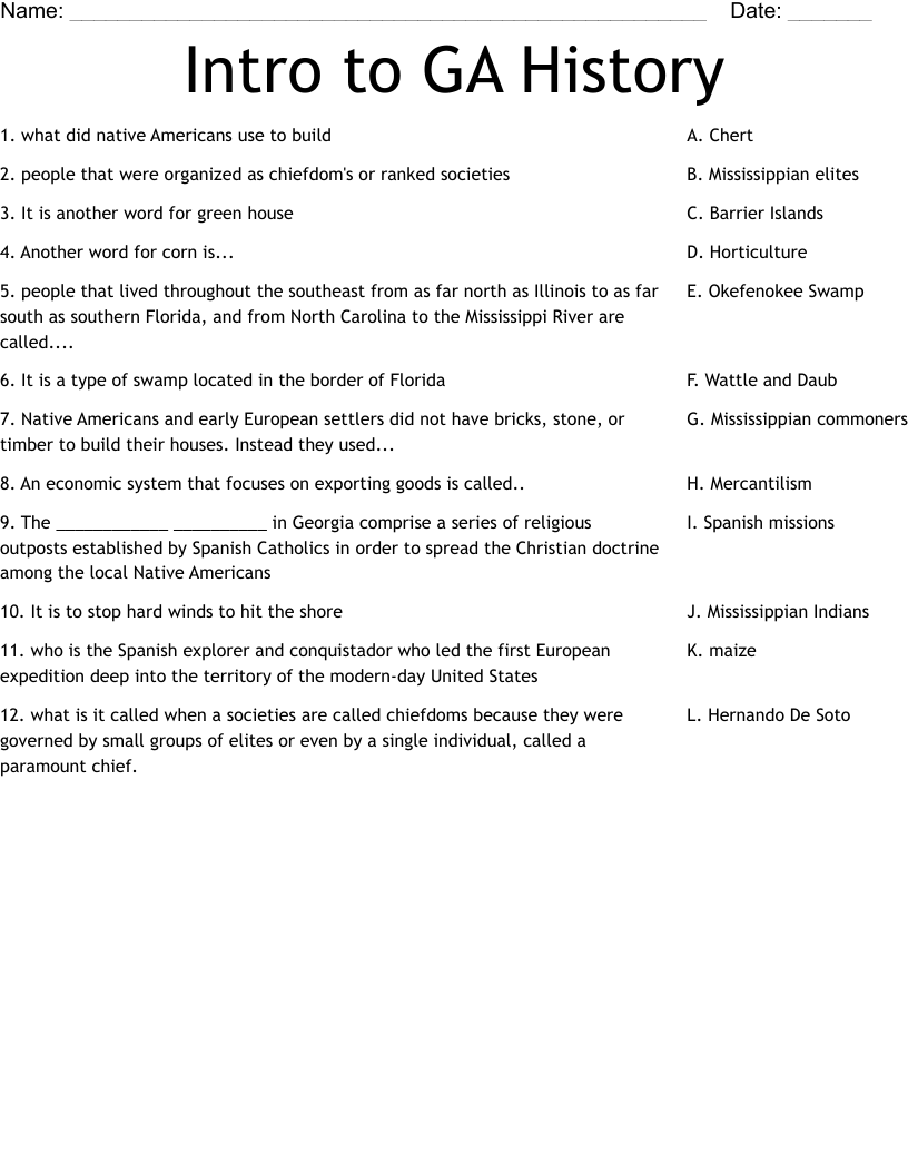 Intro to GA History Worksheet