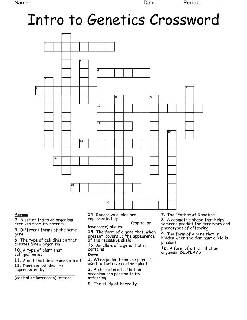 Intro to Genetics Crossword 