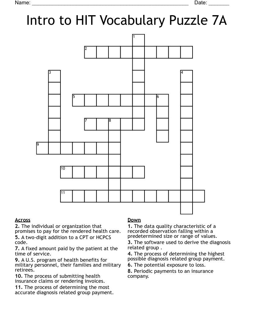 Intro to HIT Vocabulary Puzzle 7A Crossword