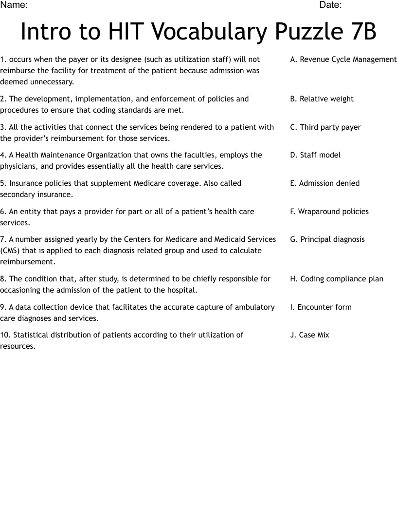Intro to HIT Vocabulary Puzzle 7B Worksheet