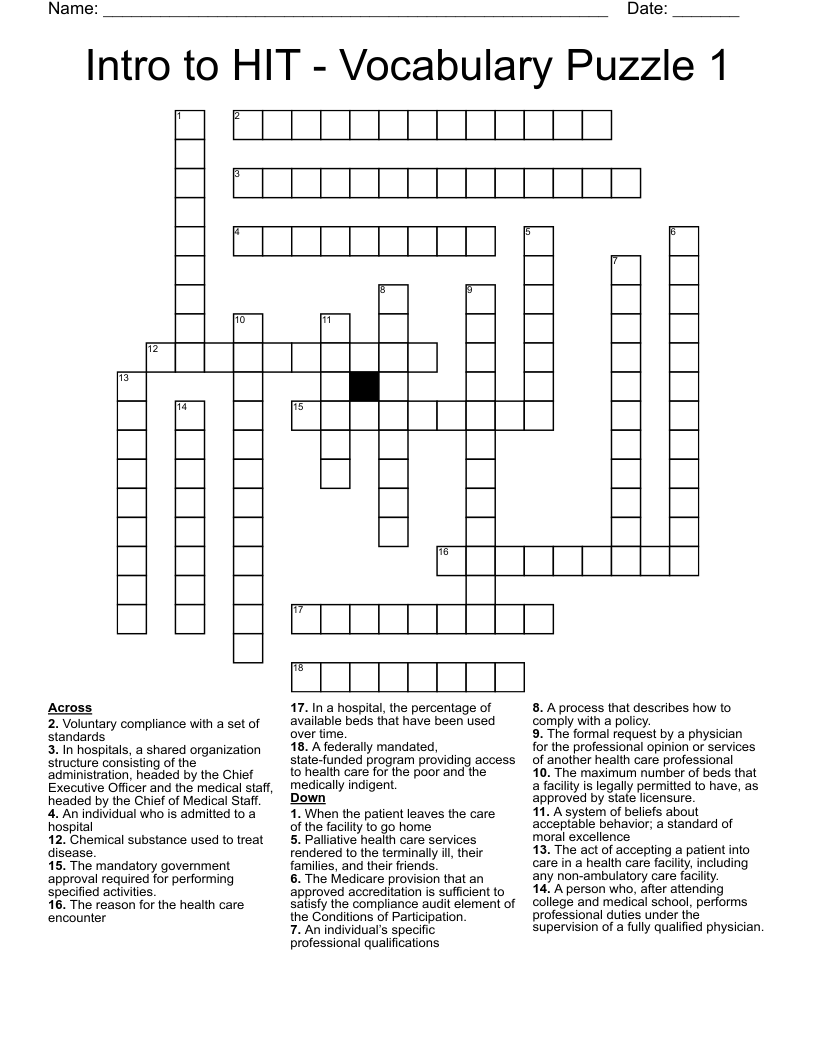 Intro to HIT - Vocabulary Puzzle 1 Crossword