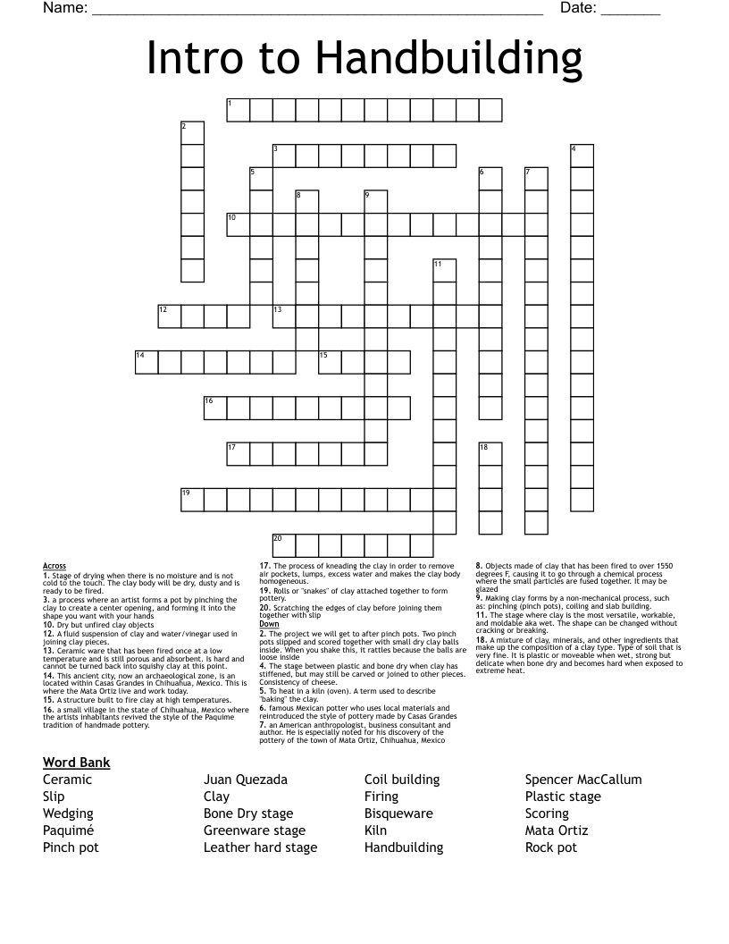 Intro to Handbuilding Crossword