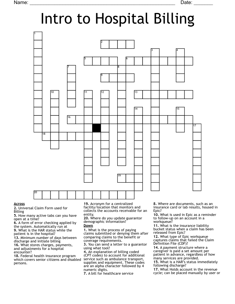 Intro to Hospital Billing Crossword