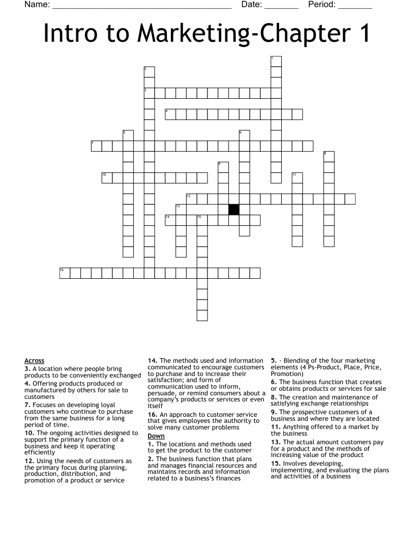 Intro to Marketing-Chapter 1 Crossword