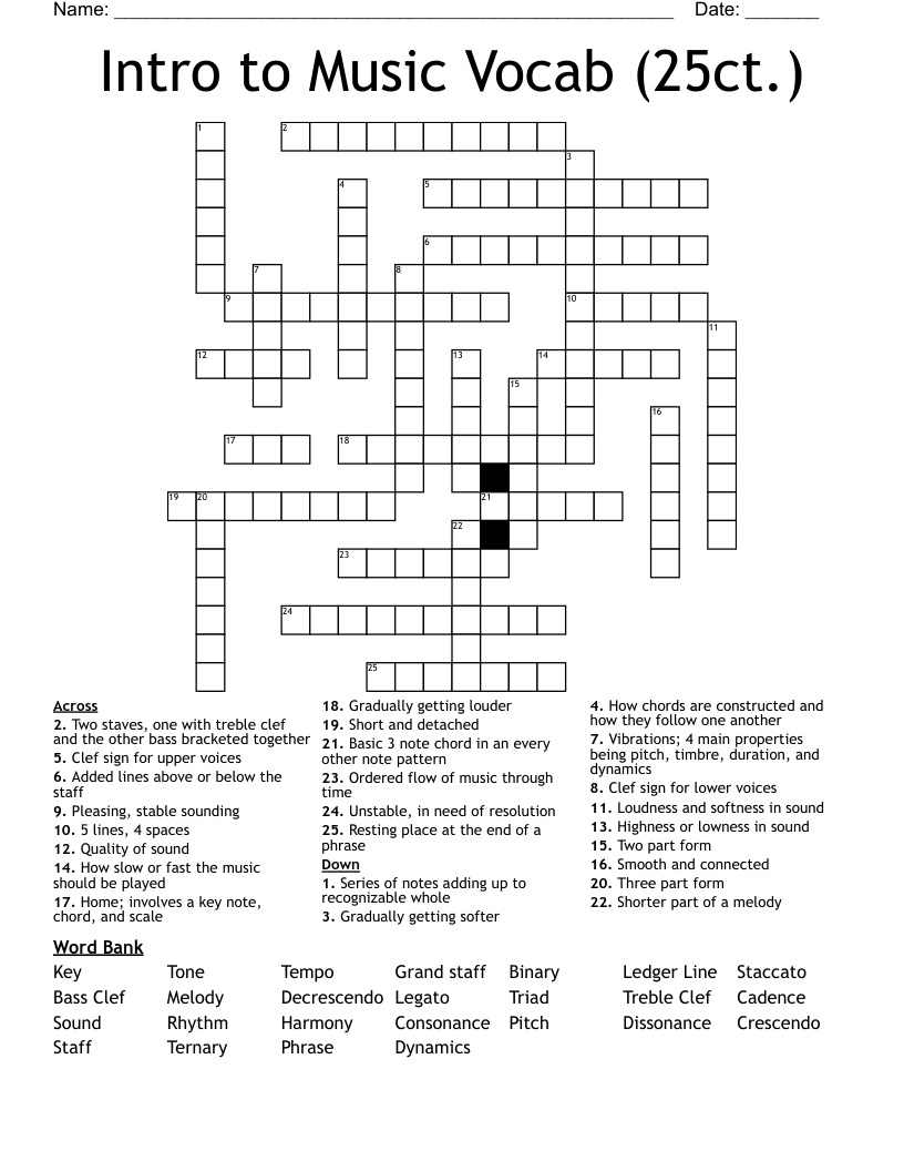 Intro to Music Vocab (25ct.) Crossword