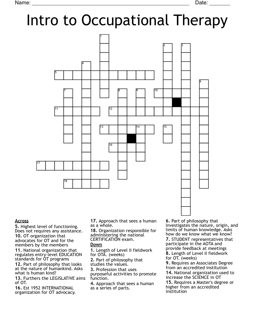 Intro to Occupational Therapy Crossword