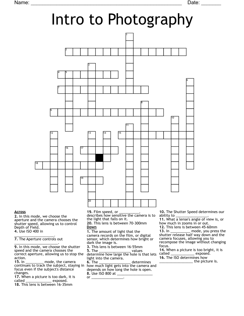 Intro to Photography Crossword