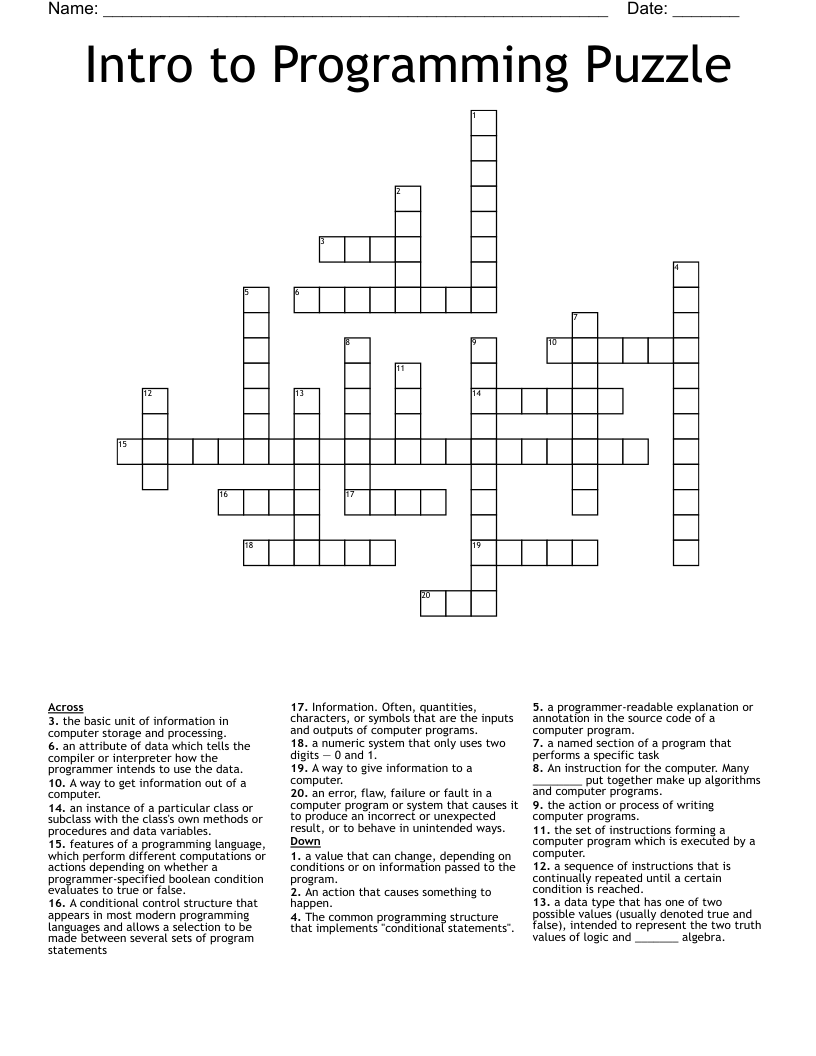 Intro to Programming Puzzle Crossword
